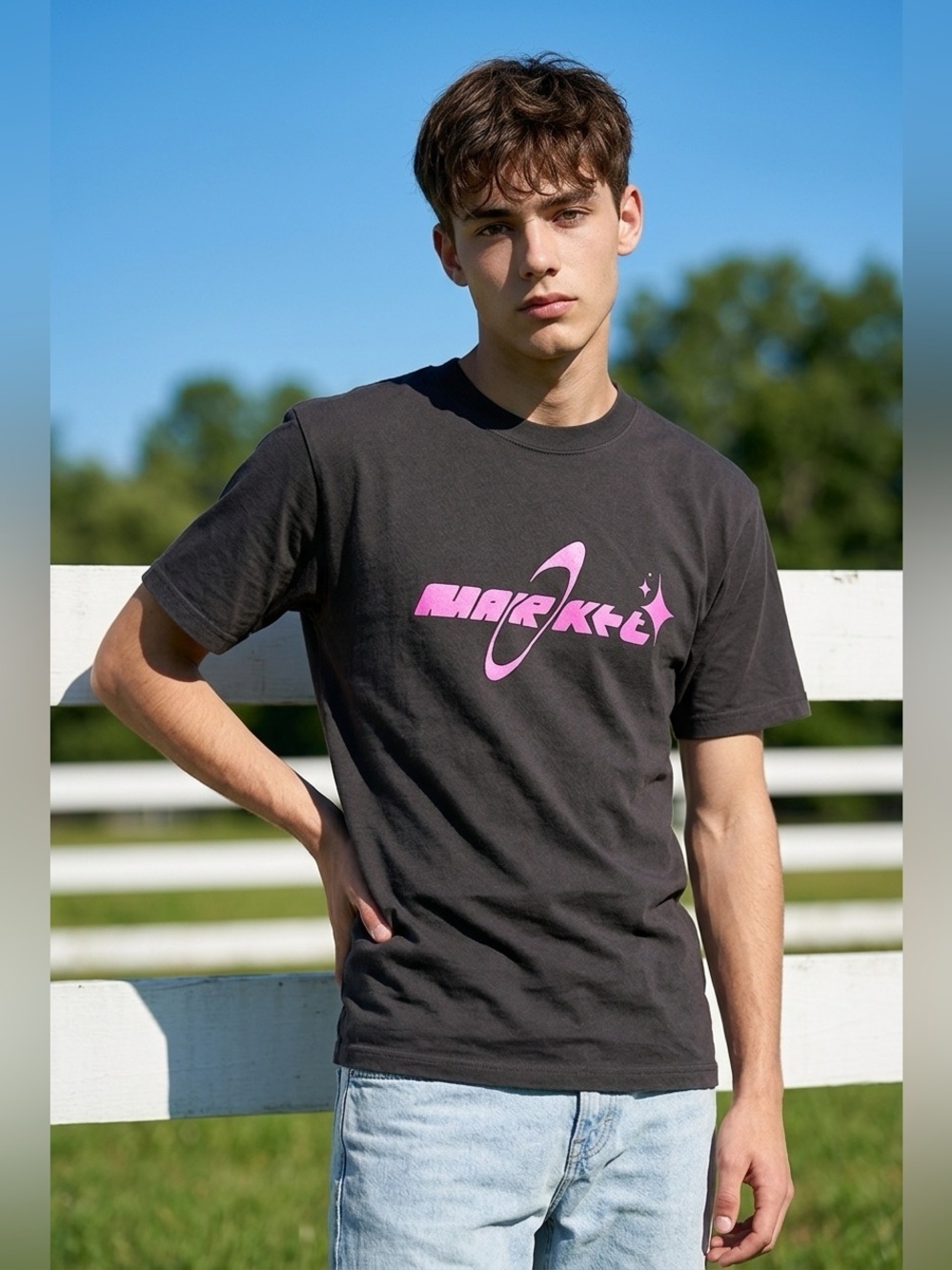 NWT MARKET Unisex Black Short Sleeve Graphic Tee Shirt Hot Pink Logo - Size M